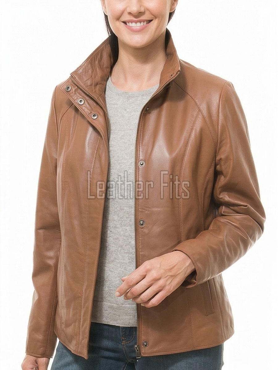 Women's Aura Luxury Tan Leather Biker Jacket - Slim Fit Genuine Lambskin High Funnel Neck Minimalist Sleek Concealed Zip Rider Coat