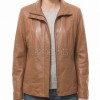 Women's Aura Luxury Tan Leather Biker Jacket - Slim Fit Genuine Lambskin High Funnel Neck Minimalist Sleek Concealed Zip Rider Coat