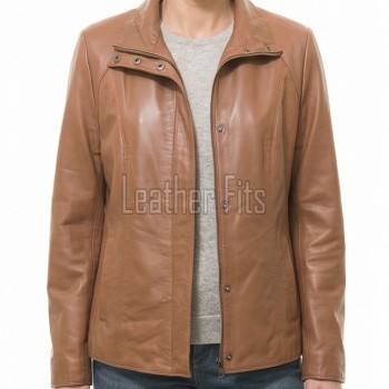 Women's Aura Luxury Tan Leather Biker Jacket - Slim Fit Genuine Lambskin High Funnel Neck Minimalist Sleek Concealed Zip Rider Coat