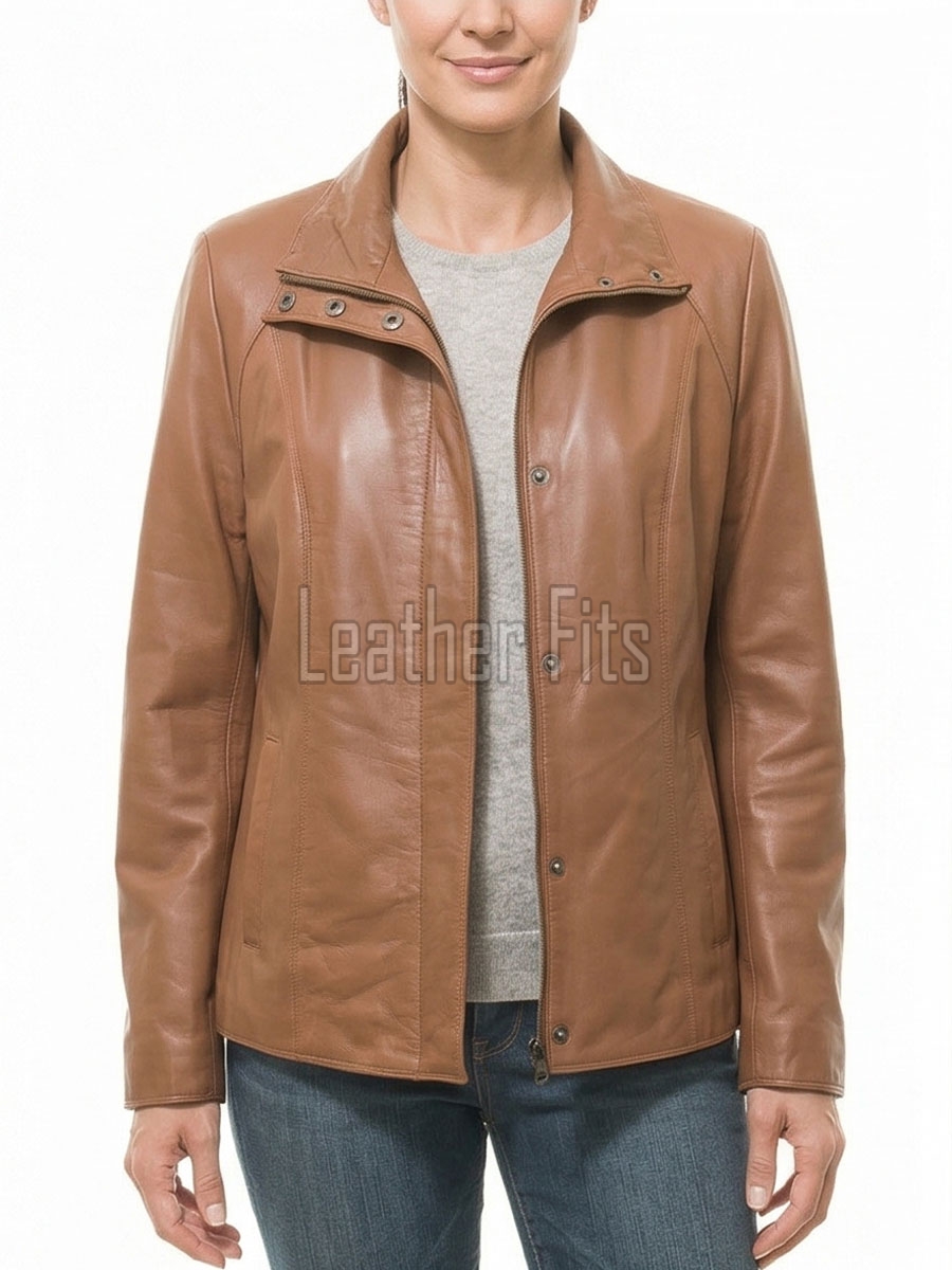 Women's Aura Luxury Tan Leather Biker Jacket - Slim Fit Genuine Lambskin High Funnel Neck Minimalist Sleek Concealed Zip Rider Coat