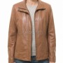 Women's Aura Luxury Tan Leather Biker Jacket - Slim Fit Genuine Lambskin High Funnel Neck Minimalist Sleek Concealed Zip Rider Coat