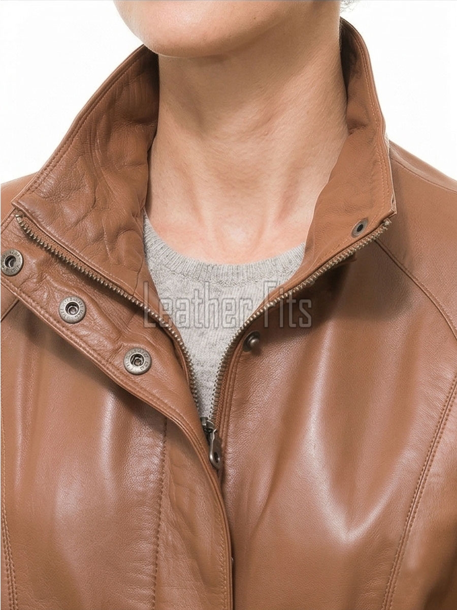 Women's Aura Luxury Tan Leather Biker Jacket - Slim Fit Genuine Lambskin High Funnel Neck Minimalist Sleek Concealed Zip Rider Coat