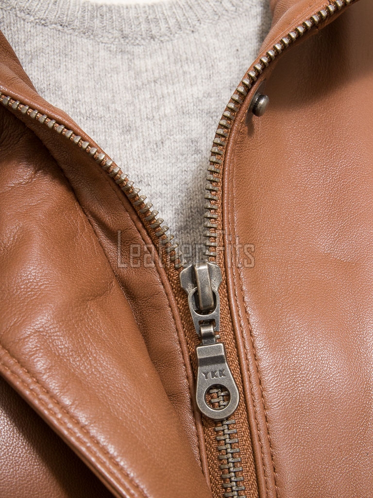 Women's Aura Luxury Tan Leather Biker Jacket - Slim Fit Genuine Lambskin High Funnel Neck Minimalist Sleek Concealed Zip Rider Coat