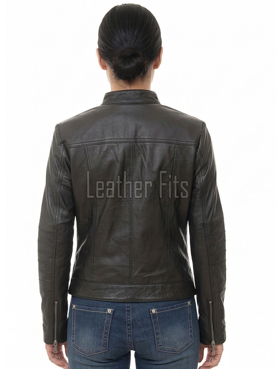Women's Celestial Luxury Dark Brown Leather Biker Jacket - Slim Fit Genuine Lambskin Pleated Multi-Zip Cafe Racer Motorcycle Coat