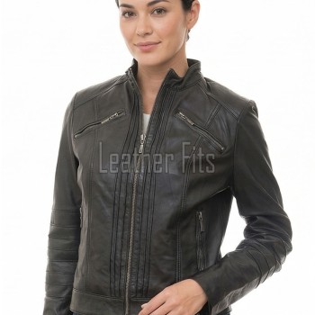 Women's Celestial Luxury Dark Brown Leather Biker Jacket - Slim Fit Genuine Lambskin Pleated Multi-Zip Cafe Racer Motorcycle Coat