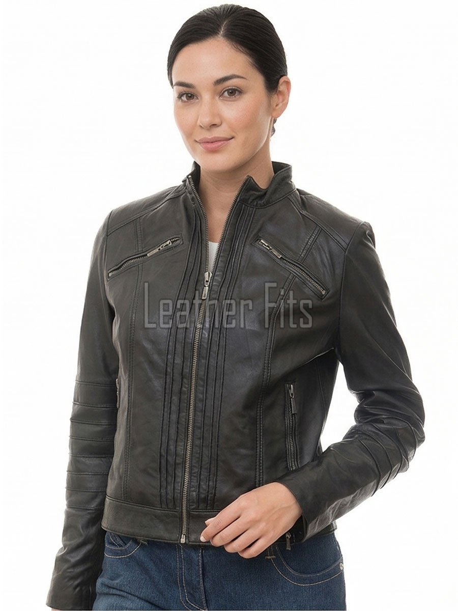 Women's Celestial Luxury Dark Brown Leather Biker Jacket - Slim Fit Genuine Lambskin Pleated Multi-Zip Cafe Racer Motorcycle Coat