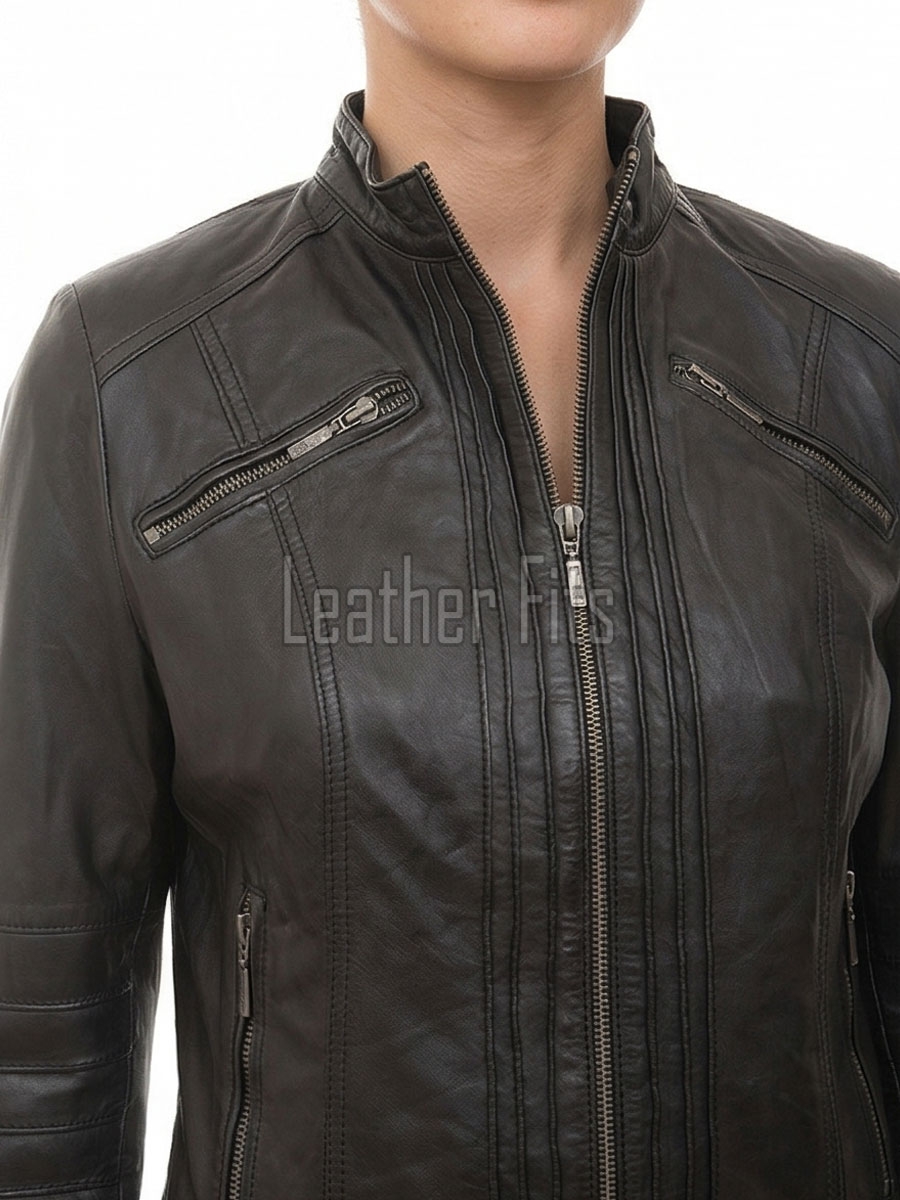 Women's Celestial Luxury Dark Brown Leather Biker Jacket - Slim Fit Genuine Lambskin Pleated Multi-Zip Cafe Racer Motorcycle Coat