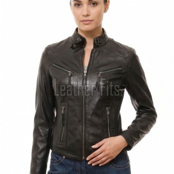Women's Celestial Luxury Dark Brown Leather Biker Jacket - Slim Fit Genuine Lambskin Pleated Multi-Zip Cafe Racer Motorcycle Coat