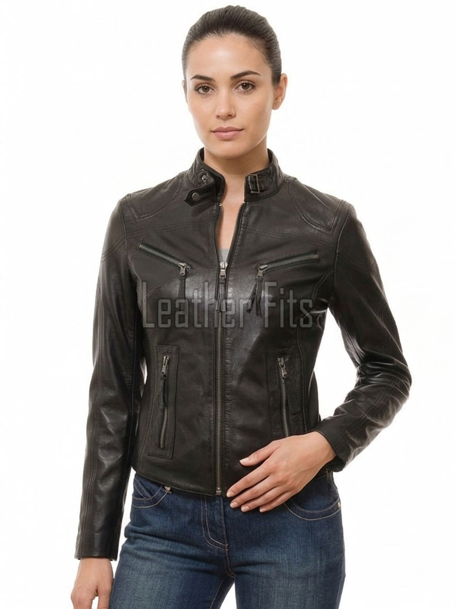 Women's Celestial Luxury Dark Brown Leather Biker Jacket - Slim Fit Genuine Lambskin Pleated Multi-Zip Cafe Racer Motorcycle Coat
