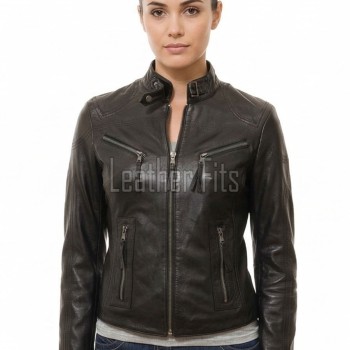 Women's Celestial Luxury Dark Brown Leather Biker Jacket - Slim Fit Genuine Lambskin Pleated Multi-Zip Cafe Racer Motorcycle Coat