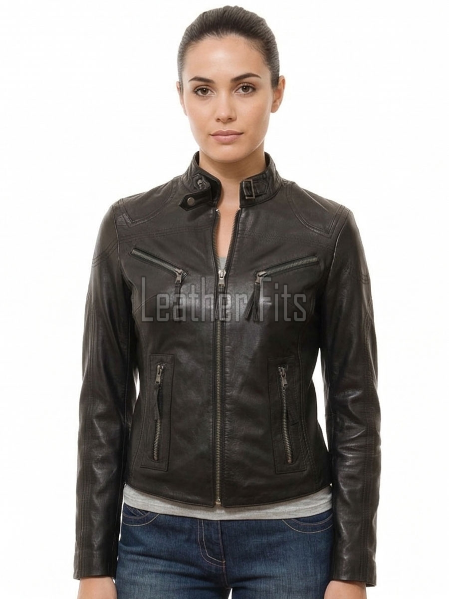 Women's Celestial Luxury Dark Brown Leather Biker Jacket - Slim Fit Genuine Lambskin Pleated Multi-Zip Cafe Racer Motorcycle Coat
