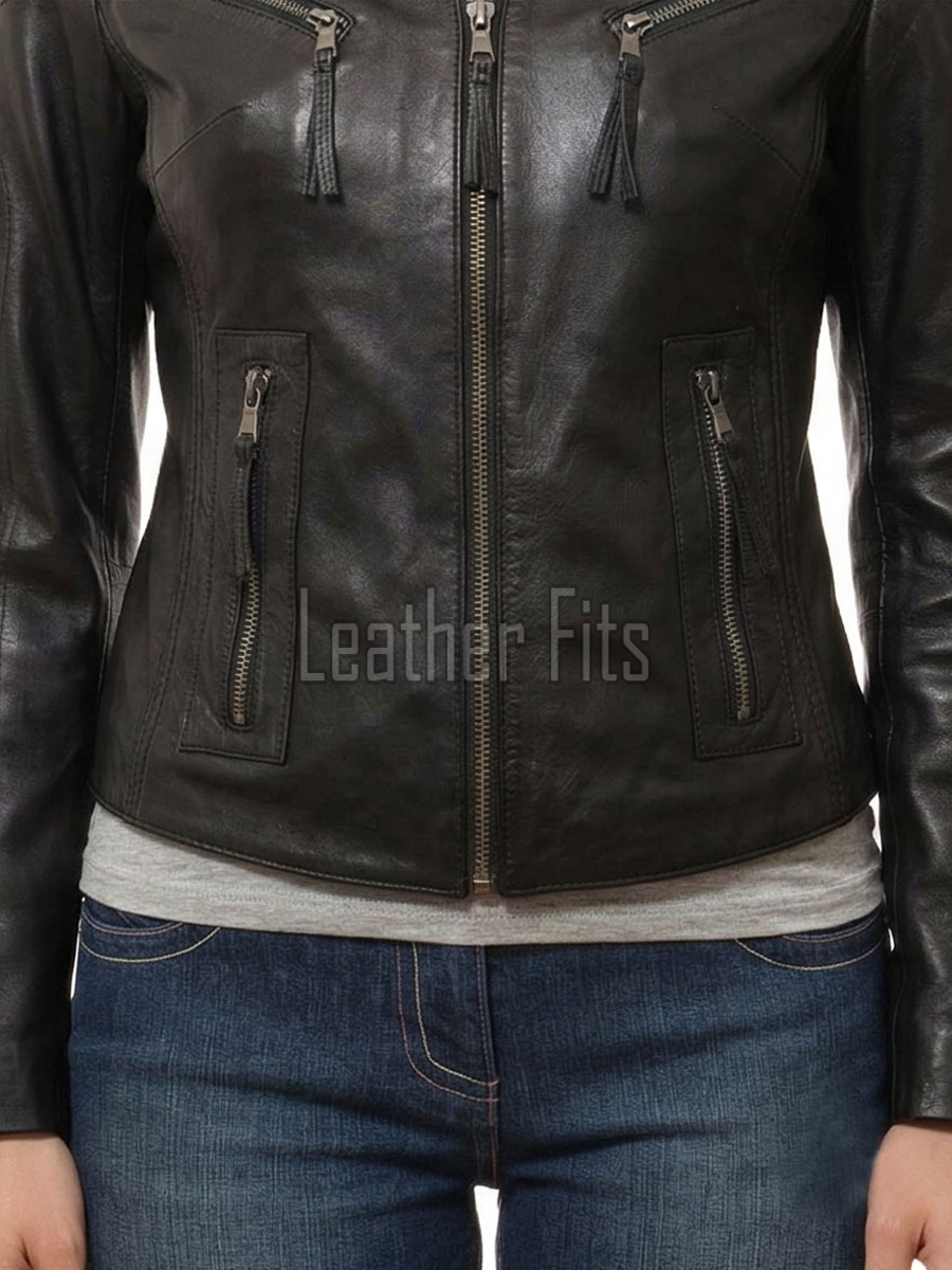 Women's Celestial Luxury Dark Brown Leather Biker Jacket - Slim Fit Genuine Lambskin Pleated Multi-Zip Cafe Racer Motorcycle Coat