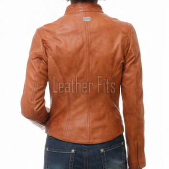 Women's Aurelia Luxury Tan Leather Biker Jacket - Slim Fit Genuine Lambskin Multi-Zip Minimalist Band Collar Café Racer jacket
