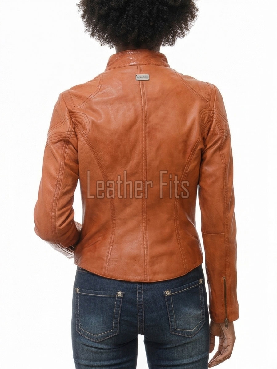 Women's Aurelia Luxury Tan Leather Biker Jacket - Slim Fit Genuine Lambskin Multi-Zip Minimalist Band Collar Café Racer jacket