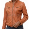 Women's Aurelia Luxury Tan Leather Biker Jacket - Slim Fit Genuine Lambskin Multi-Zip Minimalist Band Collar Café Racer jacket