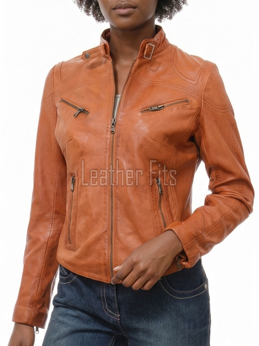Women's Aurelia Luxury Tan Leather Biker Jacket - Slim Fit Genuine Lambskin Multi-Zip Minimalist Band Collar Café Racer jacket