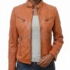 Women's Aurelia Luxury Tan Leather Biker Jacket - Slim Fit Genuine Lambskin Multi-Zip Minimalist Band Collar Café Racer jacket