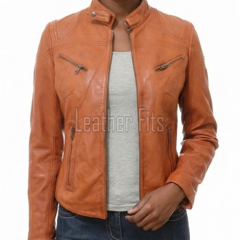 Women's Aurelia Luxury Tan Leather Biker Jacket - Slim Fit Genuine Lambskin Multi-Zip Minimalist Band Collar Café Racer jacket