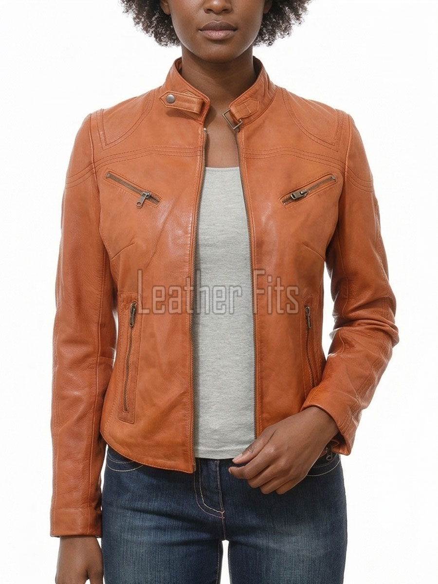 Women's Aurelia Luxury Tan Leather Biker Jacket - Slim Fit Genuine Lambskin Multi-Zip Minimalist Band Collar Café Racer jacket