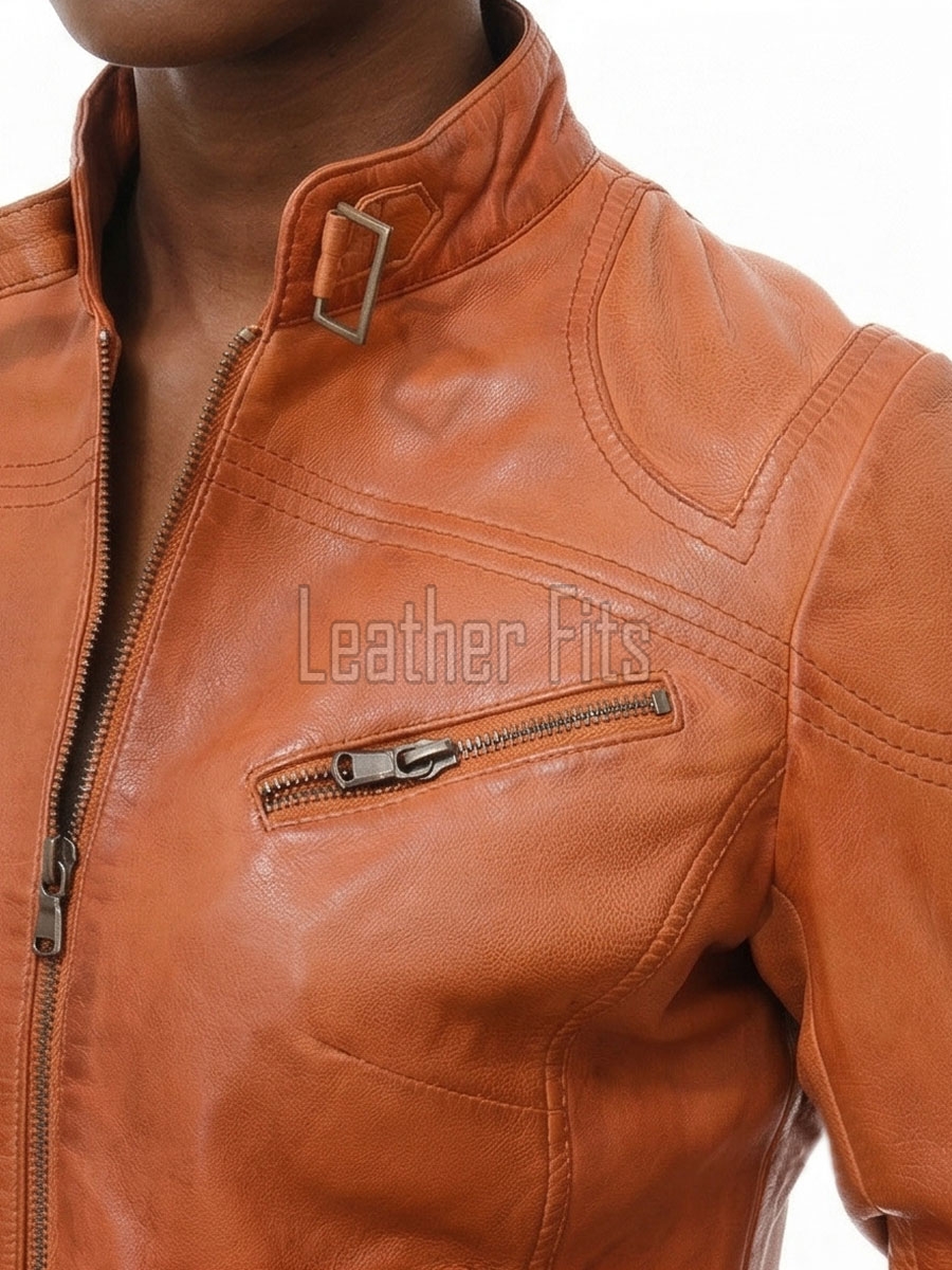 Women's Aurelia Luxury Tan Leather Biker Jacket - Slim Fit Genuine Lambskin Multi-Zip Minimalist Band Collar Café Racer jacket