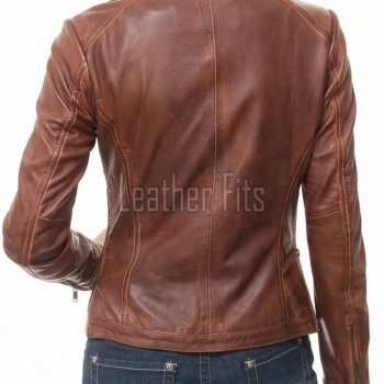 Women's Valeria Luxury Mahogany Brown Leather Biker Jacket - Slim Fit Genuine Sheepskin Cafe Racer Moto Coat with Snap Band Collar