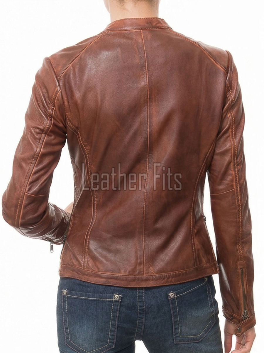 Women's Valeria Luxury Mahogany Brown Leather Biker Jacket - Slim Fit Genuine Sheepskin Cafe Racer Moto Coat with Snap Band Collar