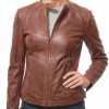 Women's Valeria Luxury Mahogany Brown Leather Biker Jacket - Slim Fit Genuine Sheepskin Cafe Racer Moto Coat with Snap Band Collar