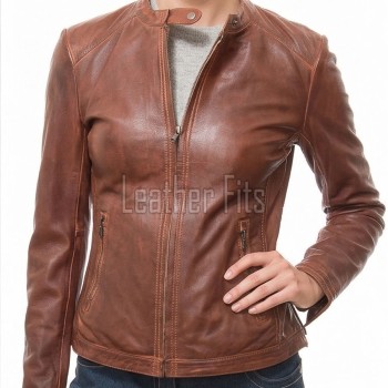 Women's Valeria Luxury Mahogany Brown Leather Biker Jacket - Slim Fit Genuine Sheepskin Cafe Racer Moto Coat with Snap Band Collar