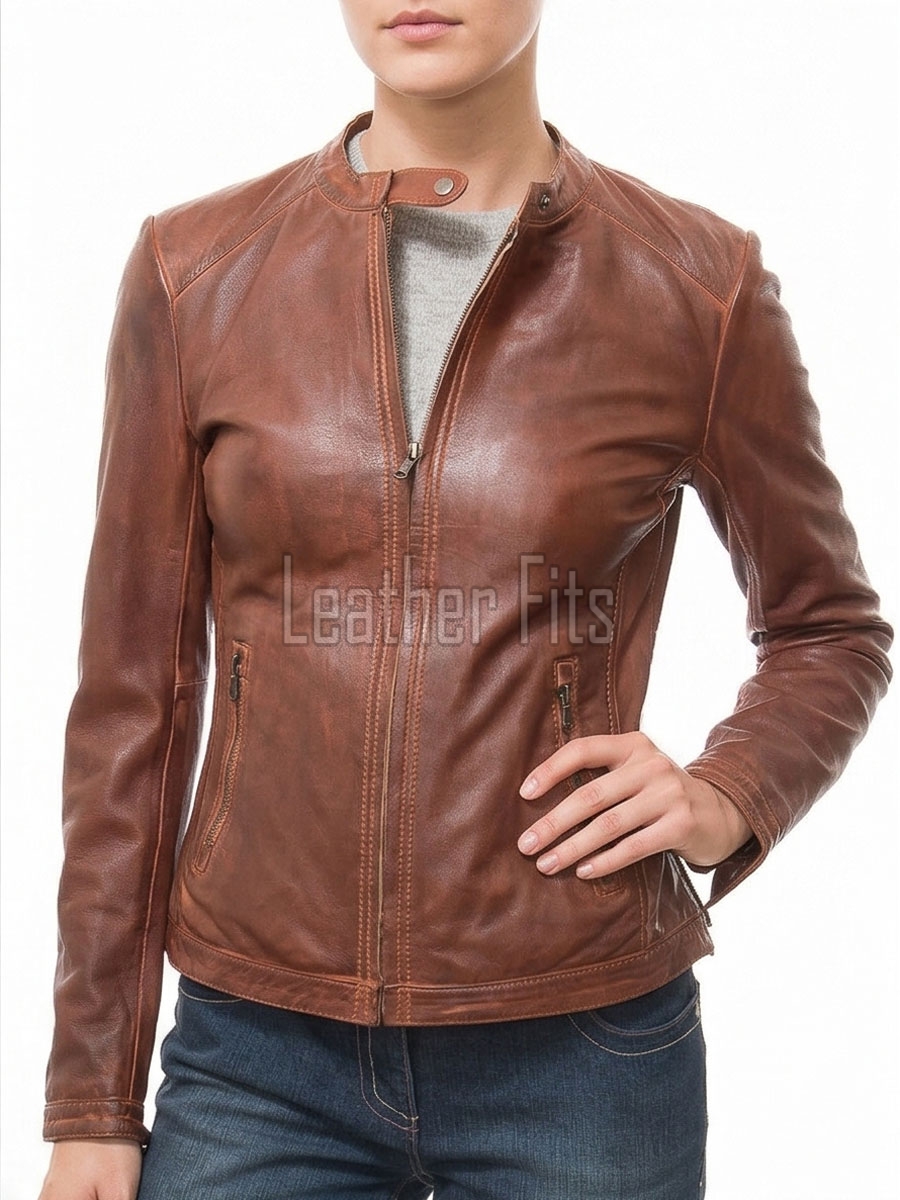 Women's Valeria Luxury Mahogany Brown Leather Biker Jacket - Slim Fit Genuine Sheepskin Cafe Racer Moto Coat with Snap Band Collar