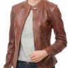 Women's Valeria Luxury Mahogany Brown Leather Biker Jacket - Slim Fit Genuine Sheepskin Cafe Racer Moto Coat with Snap Band Collar