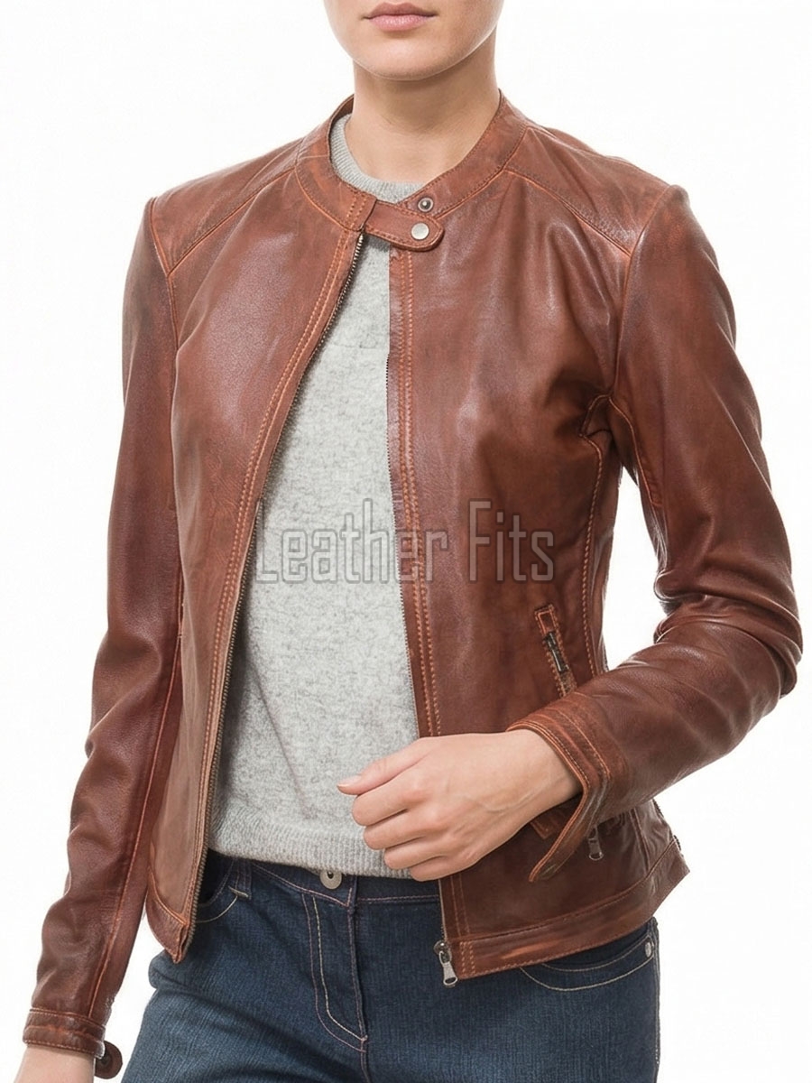 Women's Valeria Luxury Mahogany Brown Leather Biker Jacket - Slim Fit Genuine Sheepskin Cafe Racer Moto Coat with Snap Band Collar