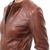 Women's Valeria Luxury Mahogany Brown Leather Biker Jacket - Slim Fit Genuine Sheepskin Cafe Racer Moto Coat with Snap Band Collar