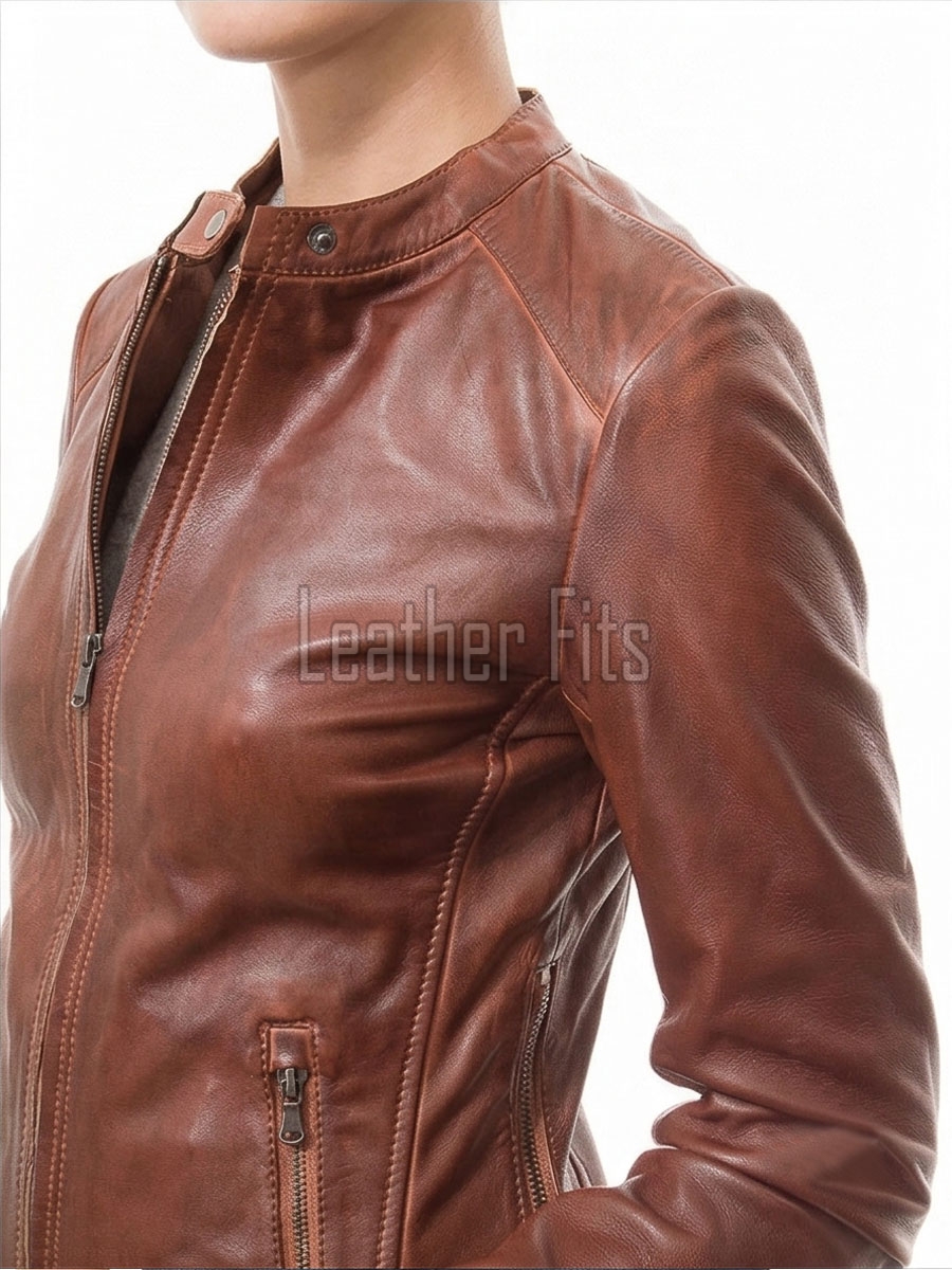 Women's Valeria Luxury Mahogany Brown Leather Biker Jacket - Slim Fit Genuine Sheepskin Cafe Racer Moto Coat with Snap Band Collar