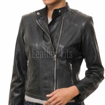 Women's Nocturne Luxury Black Leather Biker Jacket - Slim Fit Genuine Lambskin Asymmetrical Motorcycle Moto Side-Zip Coat