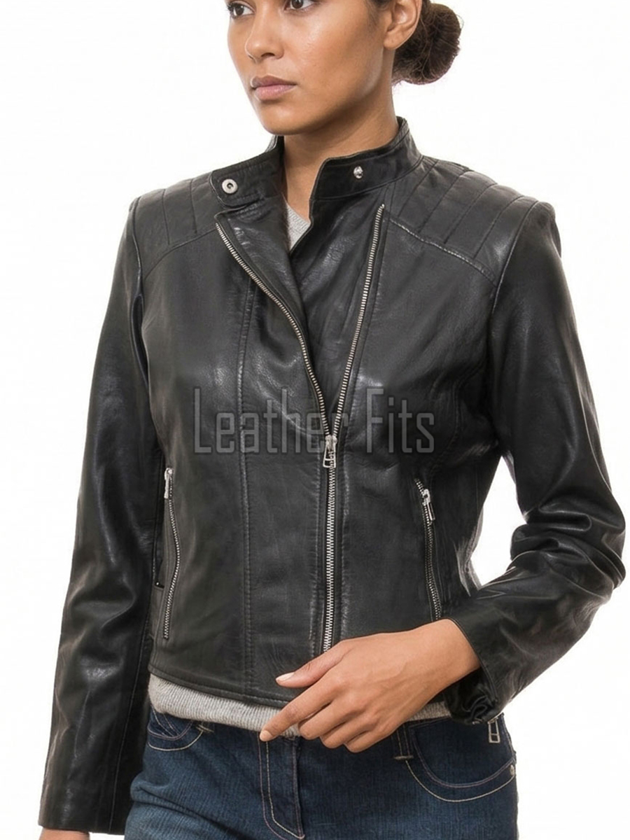 Women's Nocturne Luxury Black Leather Biker Jacket - Slim Fit Genuine Lambskin Asymmetrical Motorcycle Moto Side-Zip Coat