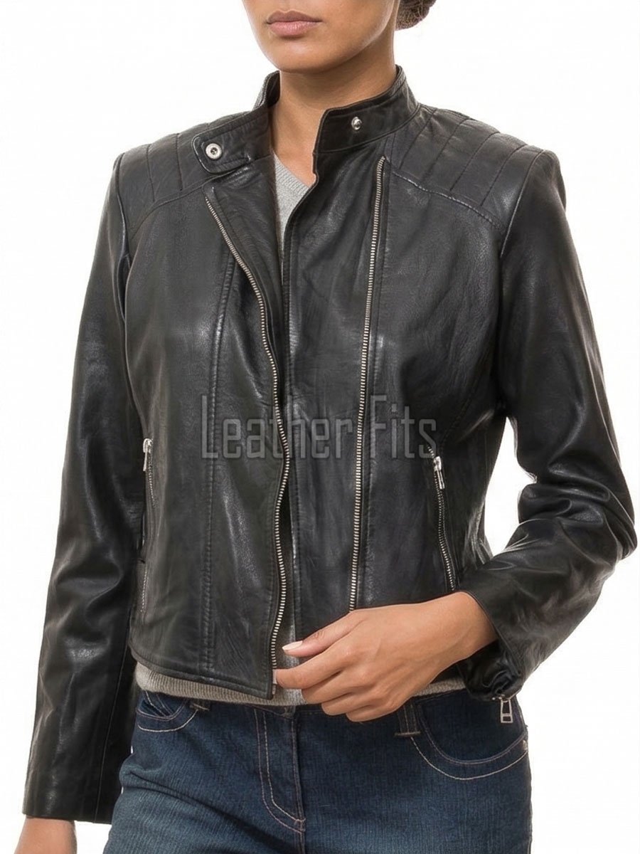 Women's Nocturne Luxury Black Leather Biker Jacket - Slim Fit Genuine Lambskin Asymmetrical Motorcycle Moto Side-Zip Coat