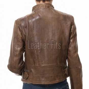 Women's Celestia Luxury Antique Brown Leather Biker Jacket - Slim Fit Genuine Lambskin Asymmetrical Motorcycle Moto Side-Zip Coat