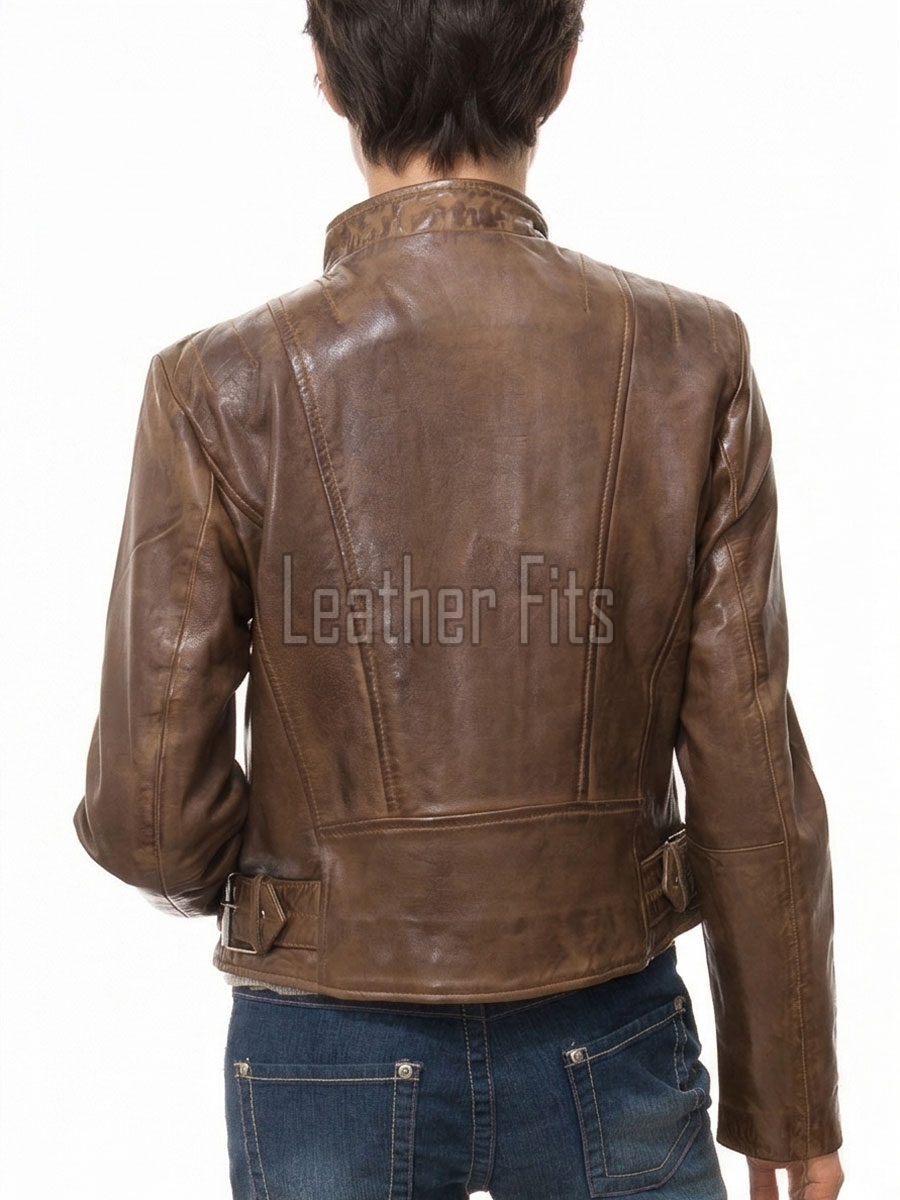 Women's Celestia Luxury Antique Brown Leather Biker Jacket - Slim Fit Genuine Lambskin Asymmetrical Motorcycle Moto Side-Zip Coat