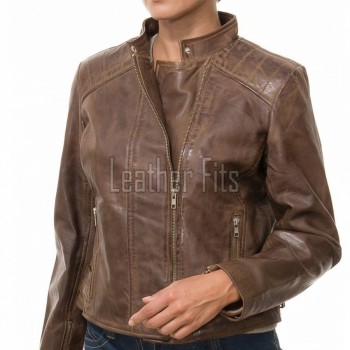 Women's Celestia Luxury Antique Brown Leather Biker Jacket - Slim Fit Genuine Lambskin Asymmetrical Motorcycle Moto Side-Zip Coat