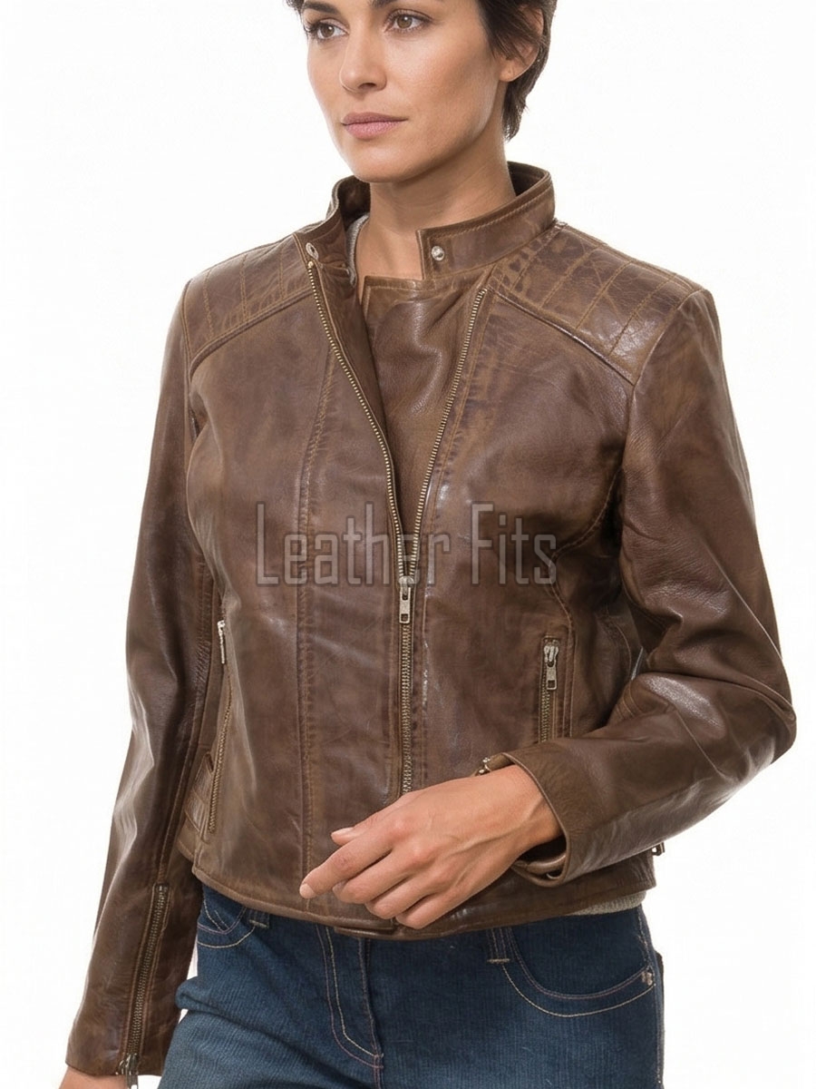 Women's Celestia Luxury Antique Brown Leather Biker Jacket - Slim Fit Genuine Lambskin Asymmetrical Motorcycle Moto Side-Zip Coat