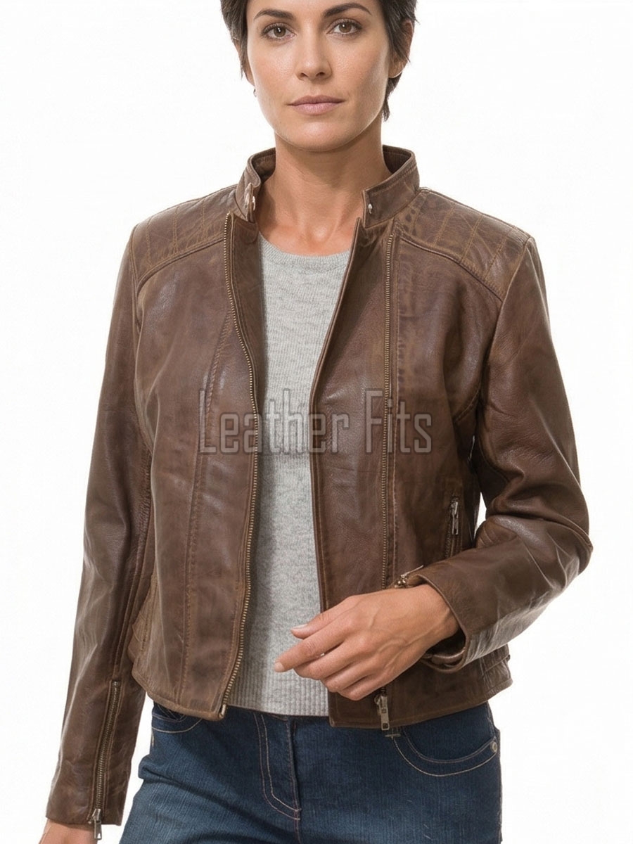 Women's Celestia Luxury Antique Brown Leather Biker Jacket - Slim Fit Genuine Lambskin Asymmetrical Motorcycle Moto Side-Zip Coat