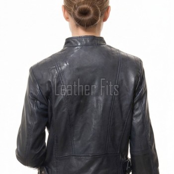Women's Avalon Luxury Navy Blue Leather Biker Jacket - Slim Fit Genuine Lambskin Asymmetrical Motorcycle Moto Side-Zip Coat