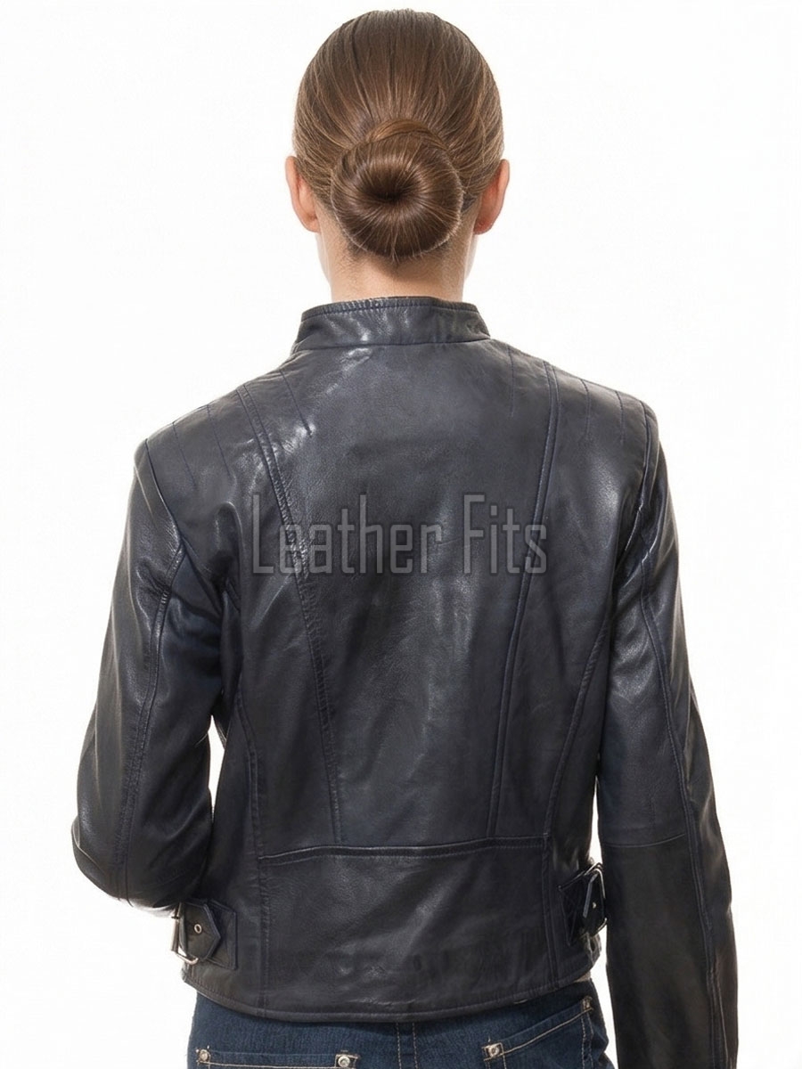 Women's Avalon Luxury Navy Blue Leather Biker Jacket - Slim Fit Genuine Lambskin Asymmetrical Motorcycle Moto Side-Zip Coat