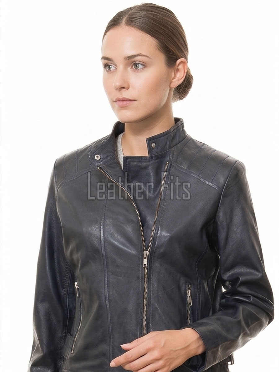 Women's Avalon Luxury Navy Blue Leather Biker Jacket - Slim Fit Genuine Lambskin Asymmetrical Motorcycle Moto Side-Zip Coat