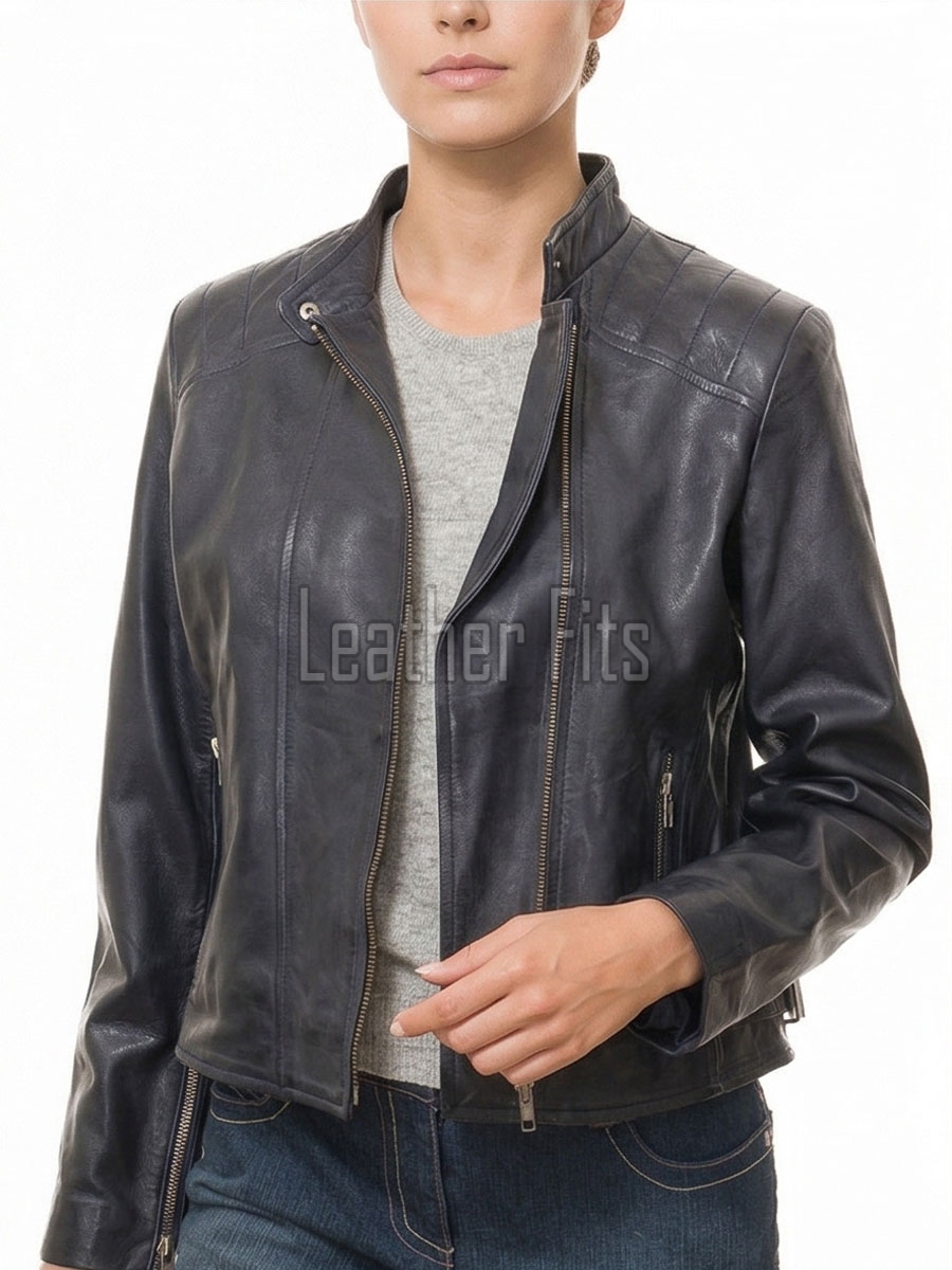 Women's Avalon Luxury Navy Blue Leather Biker Jacket - Slim Fit Genuine Lambskin Asymmetrical Motorcycle Moto Side-Zip Coat