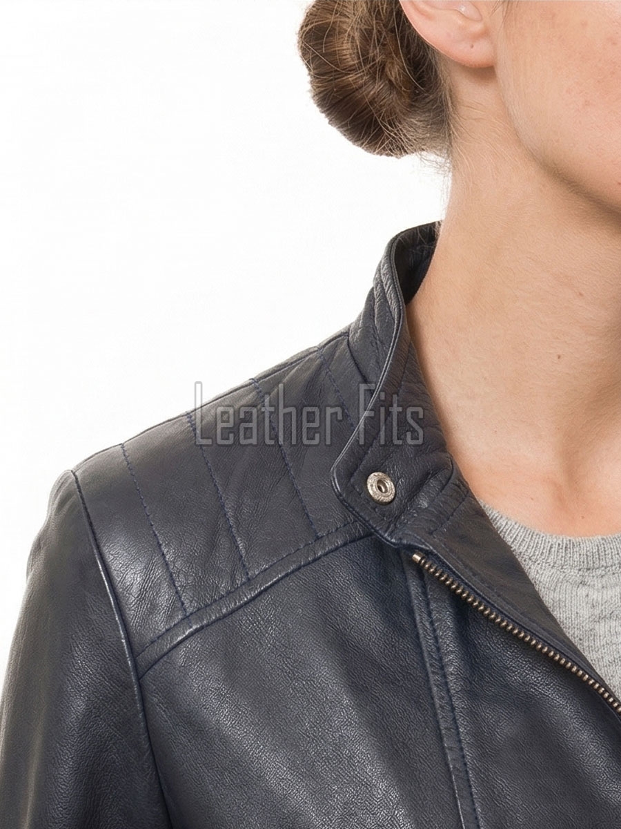 Women's Avalon Luxury Navy Blue Leather Biker Jacket - Slim Fit Genuine Lambskin Asymmetrical Motorcycle Moto Side-Zip Coat
