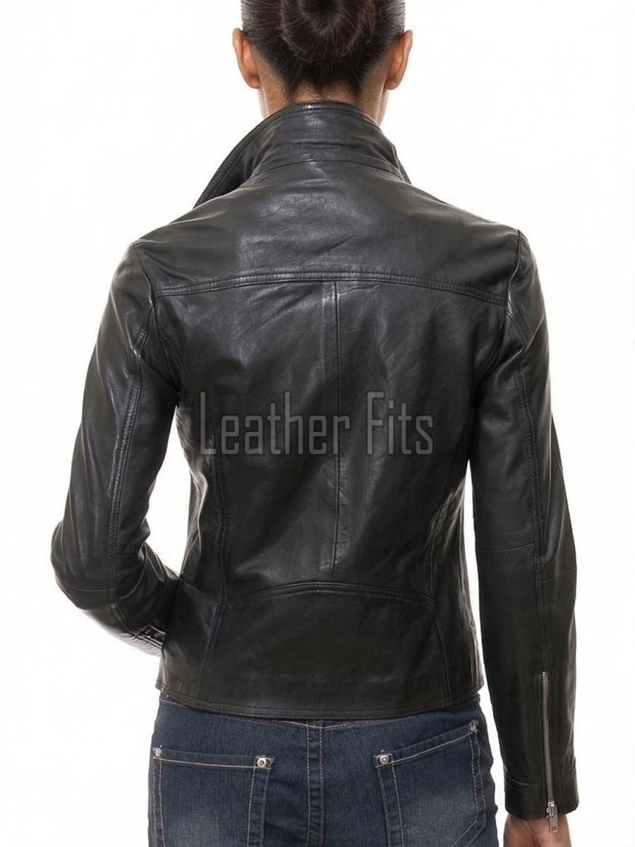 Women's Vortex Luxury Black Leather Biker Jacket - Slim Fit Genuine Sheepskin Asymmetrical Motorcycle Moto Side-Zip Coat