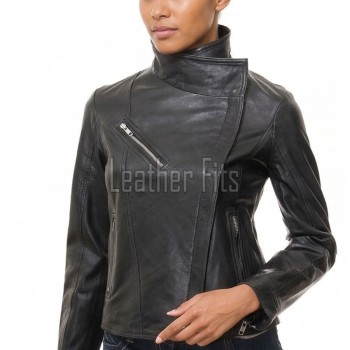 Women's Vortex Luxury Black Leather Biker Jacket - Slim Fit Genuine Sheepskin Asymmetrical Motorcycle Moto Side-Zip Coat