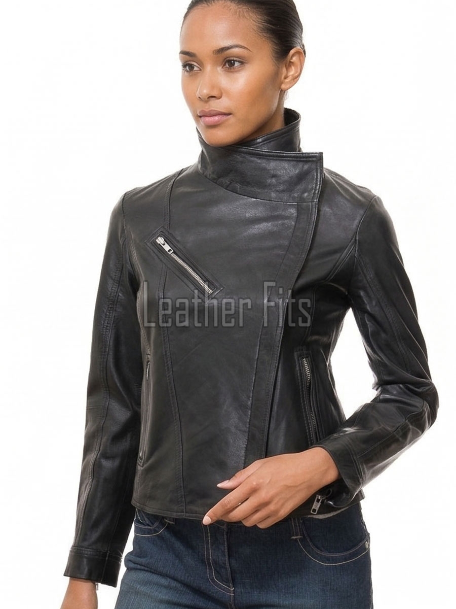 Women's Vortex Luxury Black Leather Biker Jacket - Slim Fit Genuine Sheepskin Asymmetrical Motorcycle Moto Side-Zip Coat