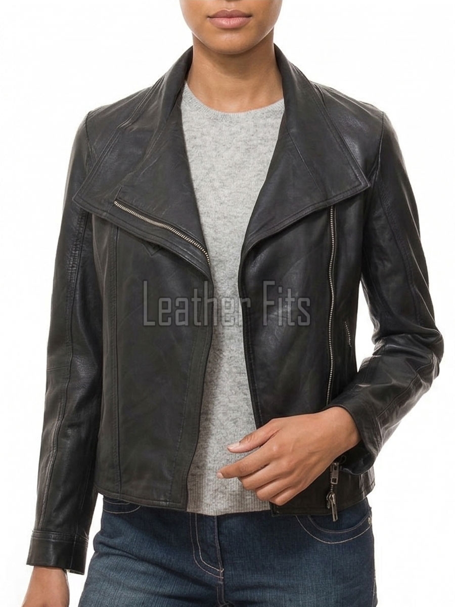 Women's Vortex Luxury Black Leather Biker Jacket - Slim Fit Genuine Sheepskin Asymmetrical Motorcycle Moto Side-Zip Coat